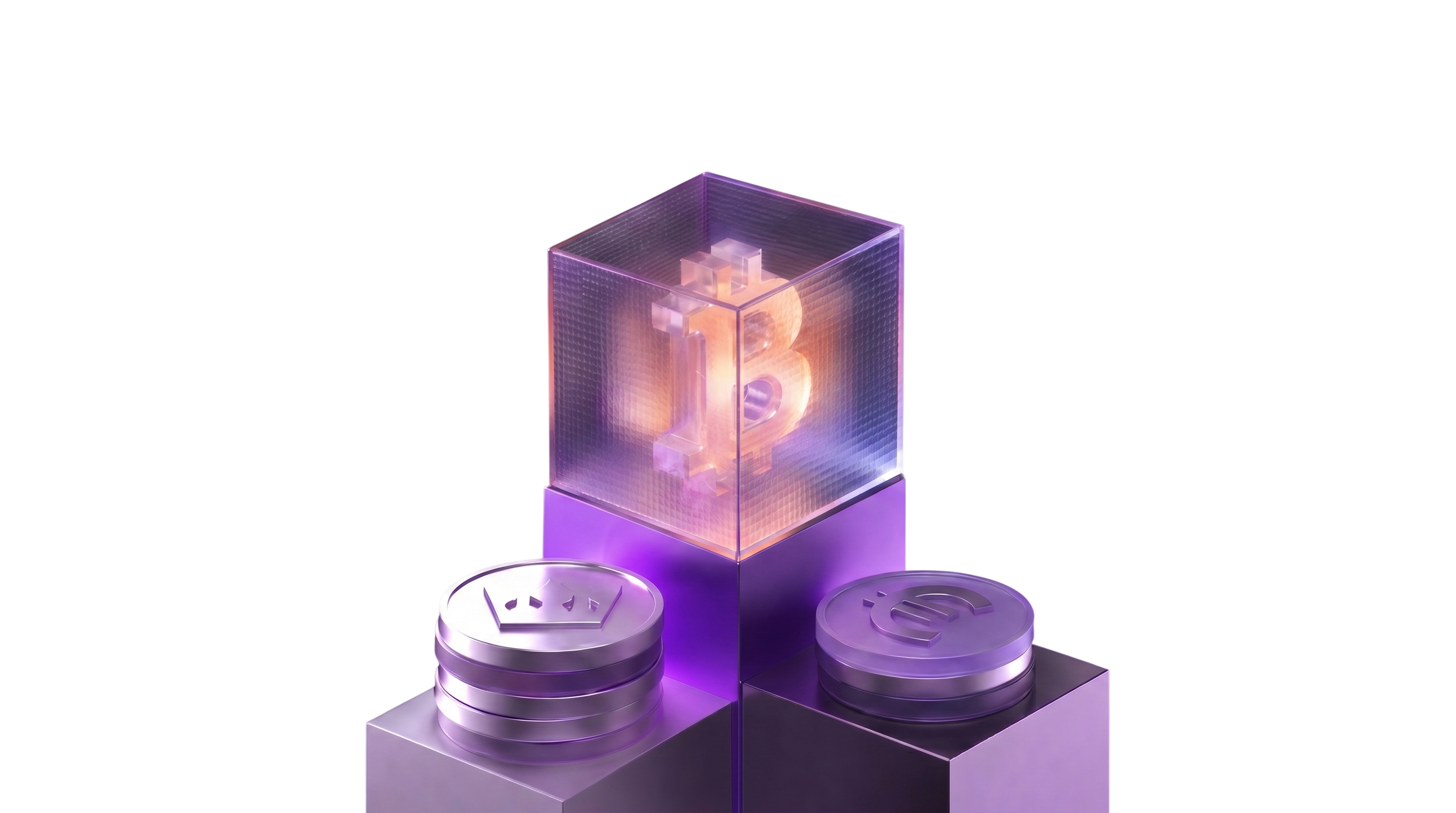 Bitcoin inside a transparent cube on a pedestal